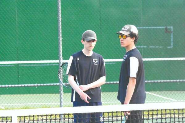 After competing alongside each other as doubles partners last year, Monomoy senior Liam Jordan, left, and junior Blake Noonan have remained at doubles this spring, with Noonan pairing with senior Connor Francis at first doubles and Jordan playing with senior Paul Carlson as the team’s second tandem.