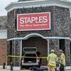 No one was injured in a crash Saturday morning in which a vehicle drove through the wall at Staples off Route 6A.  ALAN POLLOCK  PHOTO
