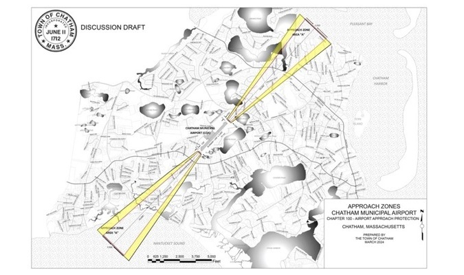 The area is yellow represented a change in the approach zone at Chatham Municipal Airport. Voters will be asked to adopt the new map at the upcoming annual town meeting.  CHATHAM AIRPORT GRAPHIC