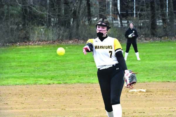 Nauset junior Lila Alger delivers a pitch to home plate during the team’s 20-5 loss to Dennis Yarmouth on April 11 in North Eastham. BRAD JOYAL PHOTOS