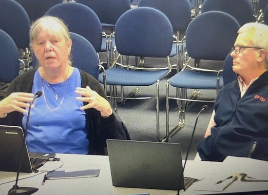 Judith Schumacher and Chris Easley of the Nauset Regional School Committee discuss the district’s fiscal 2025 budget with the Orleans Finance Committee on April 18.  RYAN BRAY PHOTO