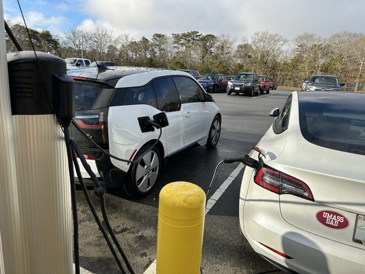 A public EV charging station at the Park and Ride at Route 124 in Harwich. Brewster currently has no publicly available charging stations; officials hope to remedy that soon. FILE PHOTO