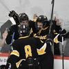 ake Eldredge, Colin Ward and Logan Poulin celebrate after Poulin scored his third goal of the night during Saturday’s 7-3 victory over Sandwich. BRAD JOYAL PHOTOS