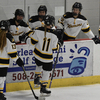 Nauset senior Sienna Reeves (11) celebrates with her teammates after scoring during the Nauset-Monomoy girls hockey team’s season-opening victory over Pope Francis on Sunday at Charles Moore Arena. BRAD JOYAL PHOTOS