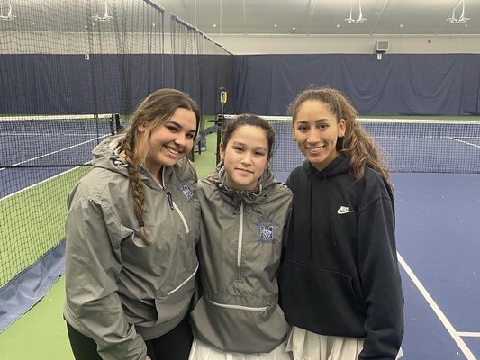 Monomoy senior captains Sophia Sarabia, Lilly Gould and Tatiana Malone pose for a photo after Monday’s 5-0 loss to St. John Paul II at Mid-Cape Athletic Club in South Yarmouth. BRAD JOYAL PHOTO