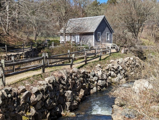 The stone wall that separates the Stony Brook mill headrace pond (left) from the brook has begun to slump and is targeted for repairs.  ALAN POLLOCK PHOTOS